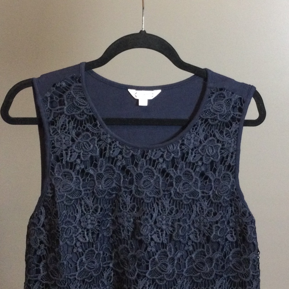 L Nanette Lepore navy lace overlay stretch top - Picture 5 of 15